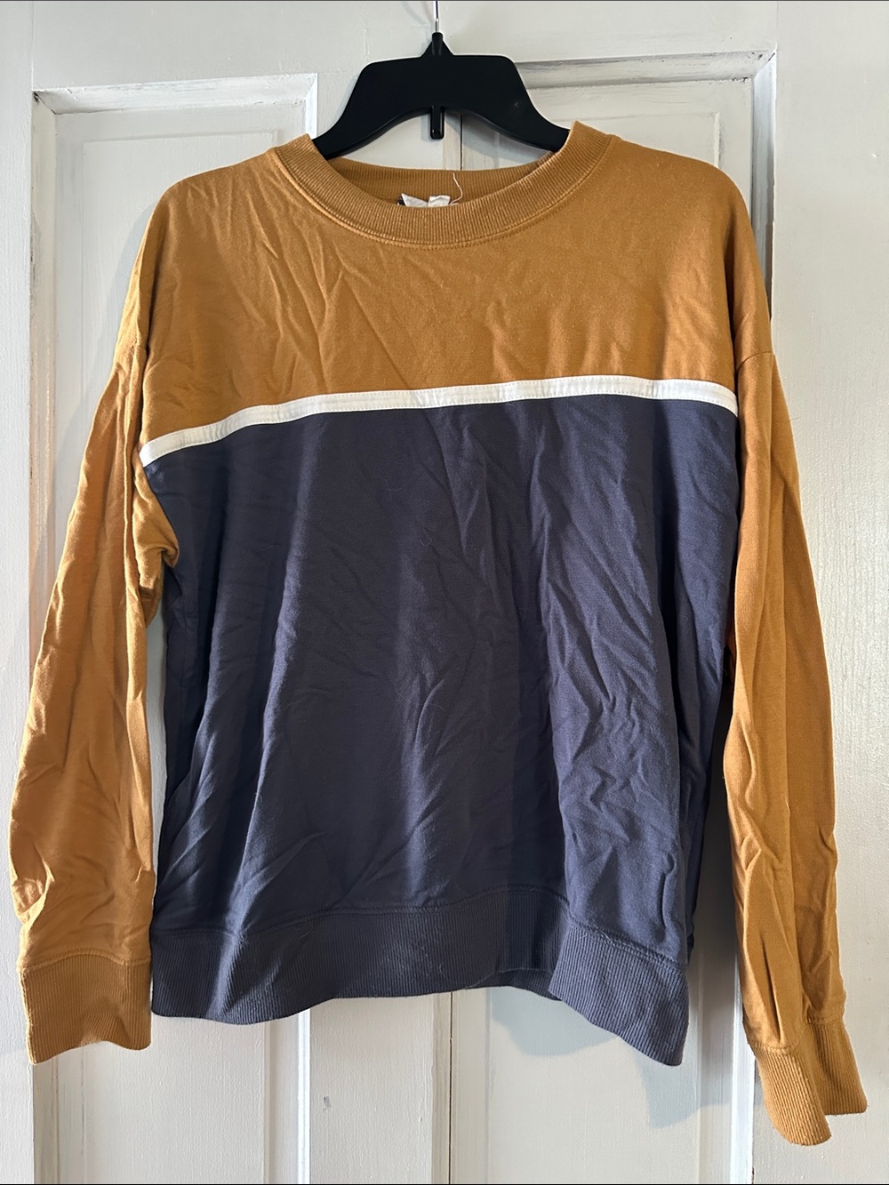 Pink Rose Colorblock Long-Sleeve Top - Mustard & Navy with White Trim